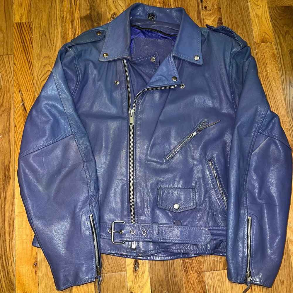 XL, purple leather motorcycle jacket w/zip in lining, multiple pockets & zippers